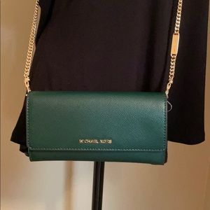 Michael Kors Crossbody Green Wallet Gold Chain NWT